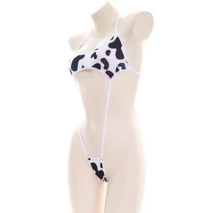 Women Cute Milk Cow Print Bikini Bodysuit Sexy Halter Backless Cutout Micro Jumpsuit Strappy Erotic Cosplay Lingerie Swimsuit