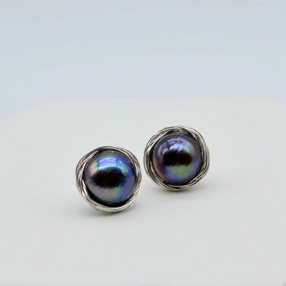 Black Pearl Stud Earrings Natural Pearl Silver Stud Earrings Irregular Baroque Stud Earrings Handmade Women's Stud Earrings