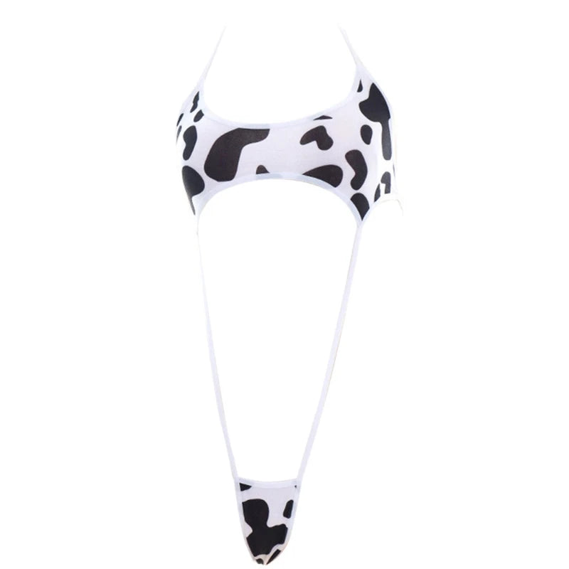 Women Cute Milk Cow Print Bikini Bodysuit Sexy Halter Backless Cutout Micro Jumpsuit Strappy Erotic Cosplay Lingerie Swimsuit
