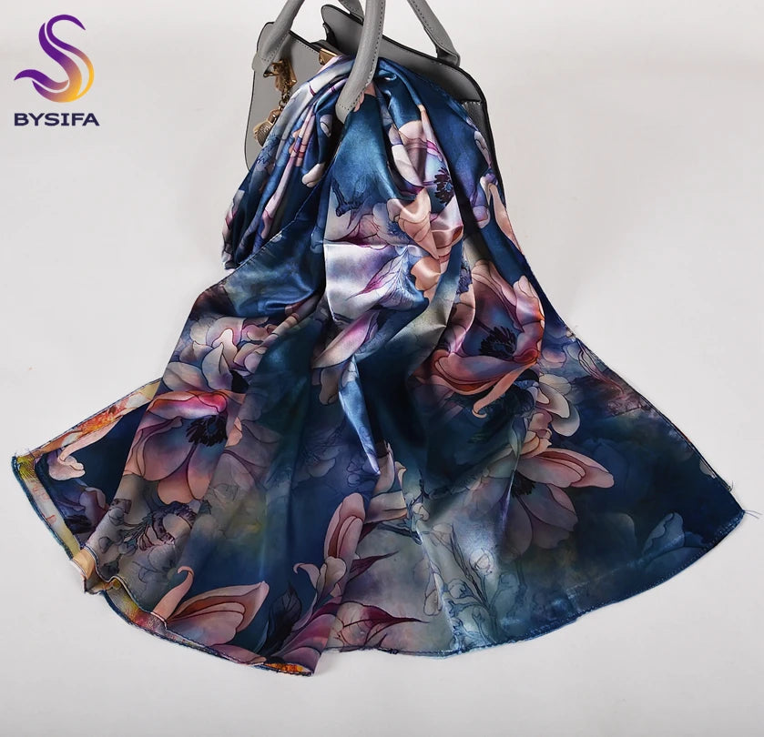 [BYSIFA]  Green Blue Ladies Satin Long Silk Scarf Shawl New Fashion Brand Scarves Printed Spring Fall Female Head Scarf 160*70cm