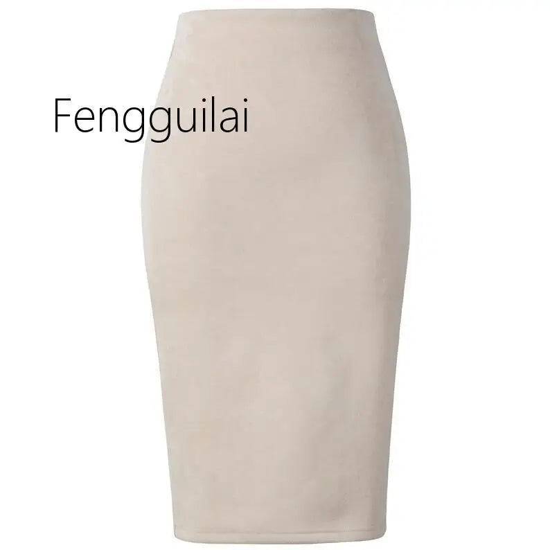 NEW Autumn Summer Women Suede Midi Pencil Skirt High Waist Gray green  XXL Sexy Style Stretch Wrap Ladies Office Work