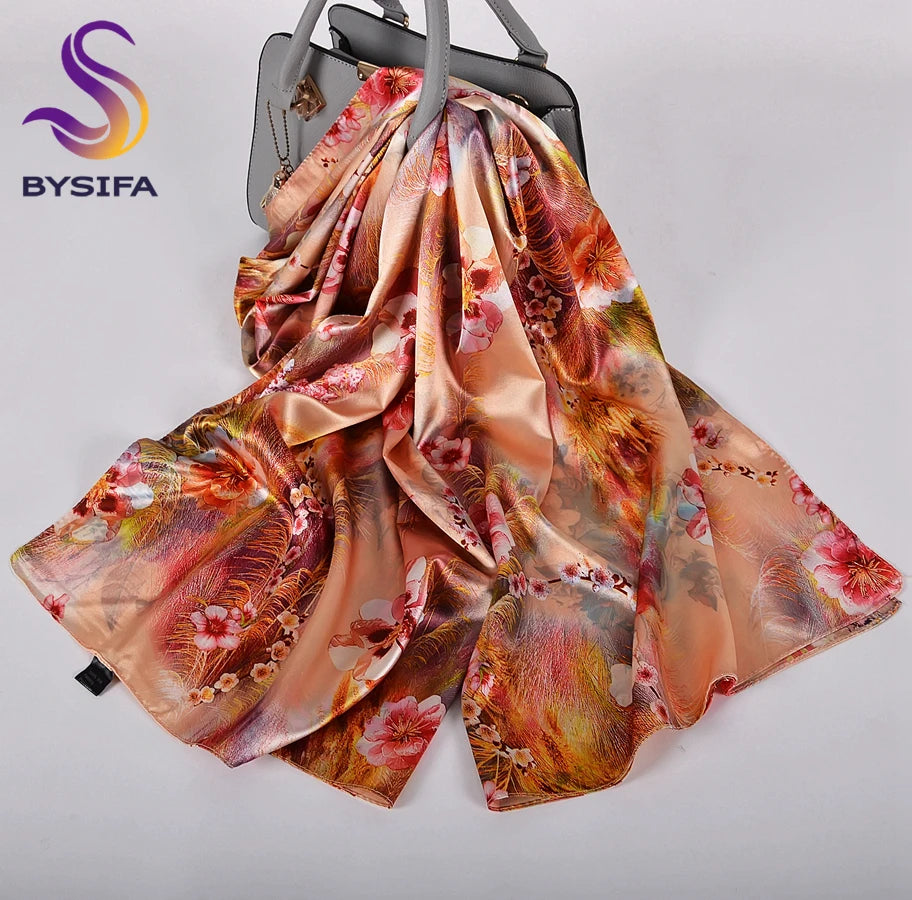[BYSIFA]  Green Blue Ladies Satin Long Silk Scarf Shawl New Fashion Brand Scarves Printed Spring Fall Female Head Scarf 160*70cm