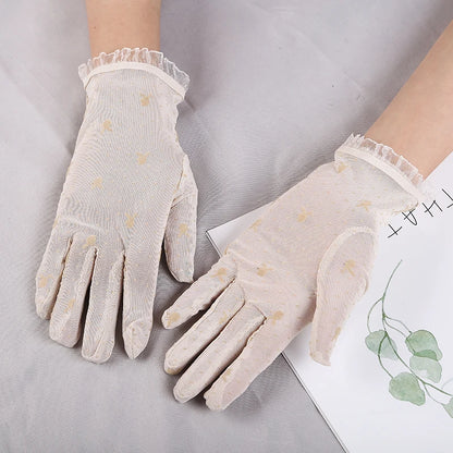 Summer Women Short Sunscreen Thin Ice Silk Driving Black Full Finger Sexy Lace Gloves UV Elasticity Rabbit Lace Cycling Slip D82