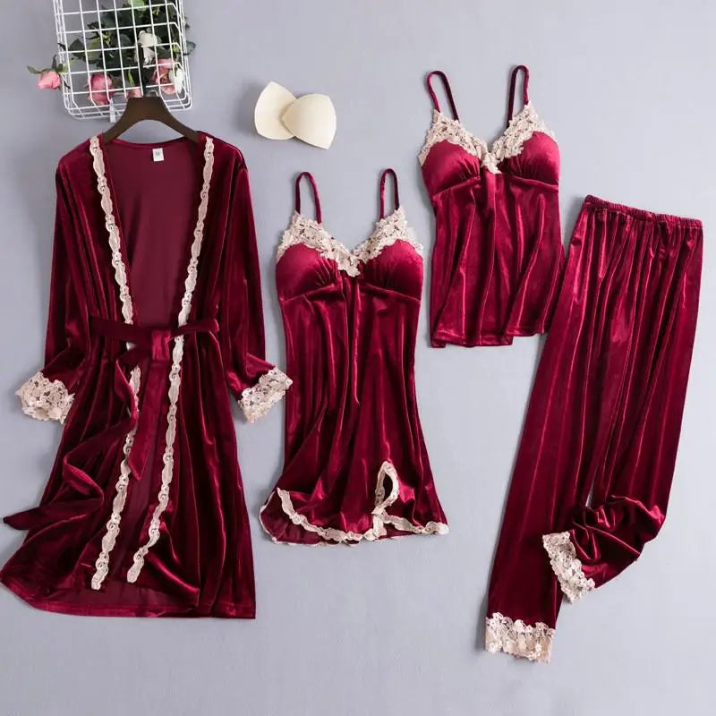 Chinese Style Female Velour Robe Gown Classic Burgundy Sleepwear Nighty Set Lace Patchwork Nightwear Bathrobe Sexy Negligee