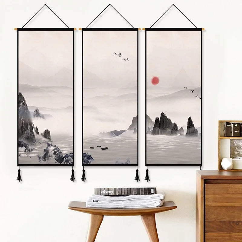 Chinese Landscape Decorative Painting Living Room Tapestry Wall Art Home Decor Canvas Poster Background Scroll Wall Paintings