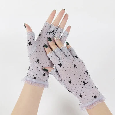 Summer Women Short Sunscreen Thin Ice Silk Driving Black Full Finger Sexy Lace Gloves UV Elasticity Rabbit Lace Cycling Slip D82