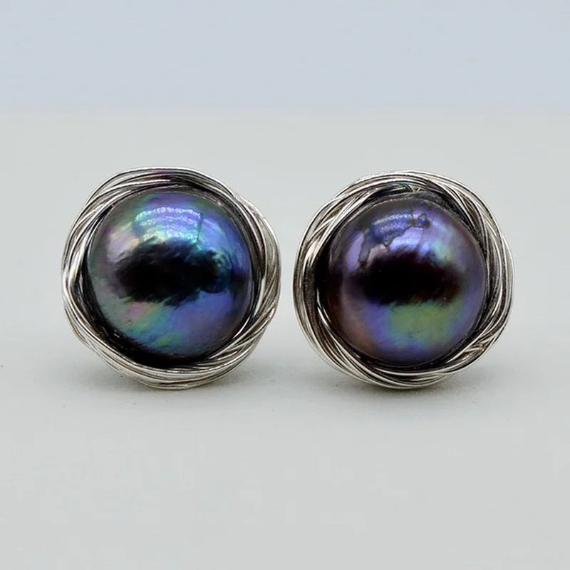 Black Pearl Stud Earrings Natural Pearl Silver Stud Earrings Irregular Baroque Stud Earrings Handmade Women's Stud Earrings