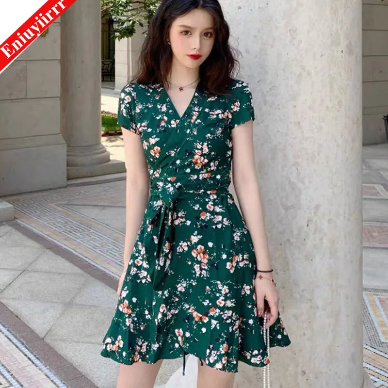 Green Floral Surplice Front Ruffle Hem Dress Women V Neck Short Sleeve Summer Boho High Waist Short A Line Dresses