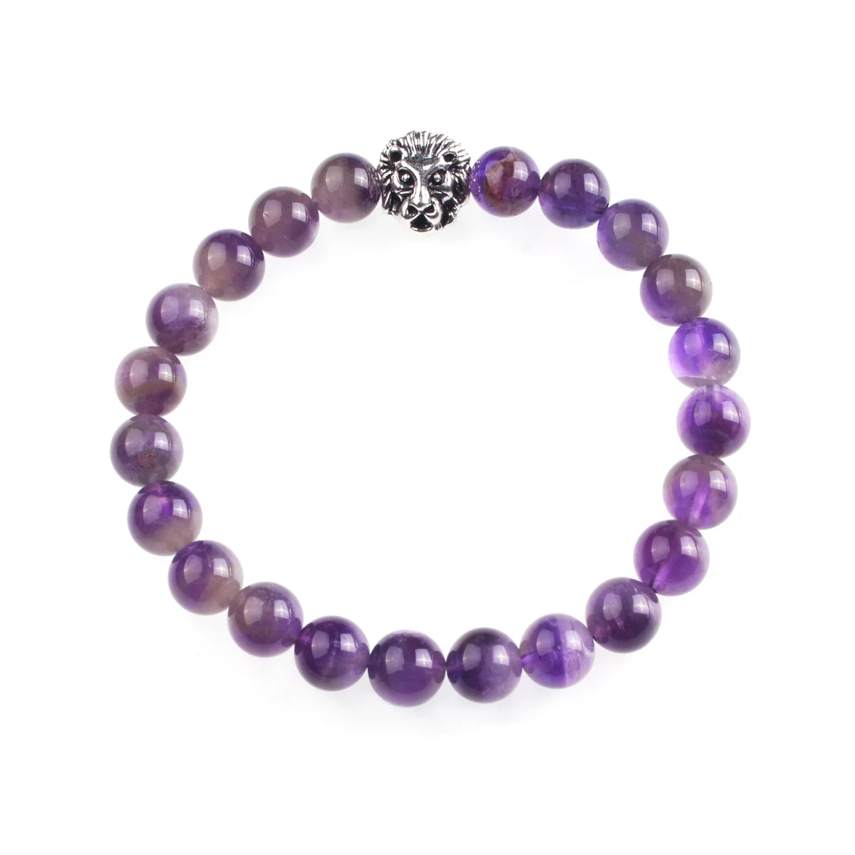 Silver Lion Head Gemstone Beads Stretch Bracelet for Women Men Handmade Crystal Beaded Elastic Healing Power Stone Jewelry