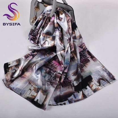 [BYSIFA]  Green Blue Ladies Satin Long Silk Scarf Shawl New Fashion Brand Scarves Printed Spring Fall Female Head Scarf 160*70cm