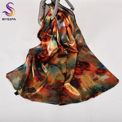 [BYSIFA]  Green Blue Ladies Satin Long Silk Scarf Shawl New Fashion Brand Scarves Printed Spring Fall Female Head Scarf 160*70cm