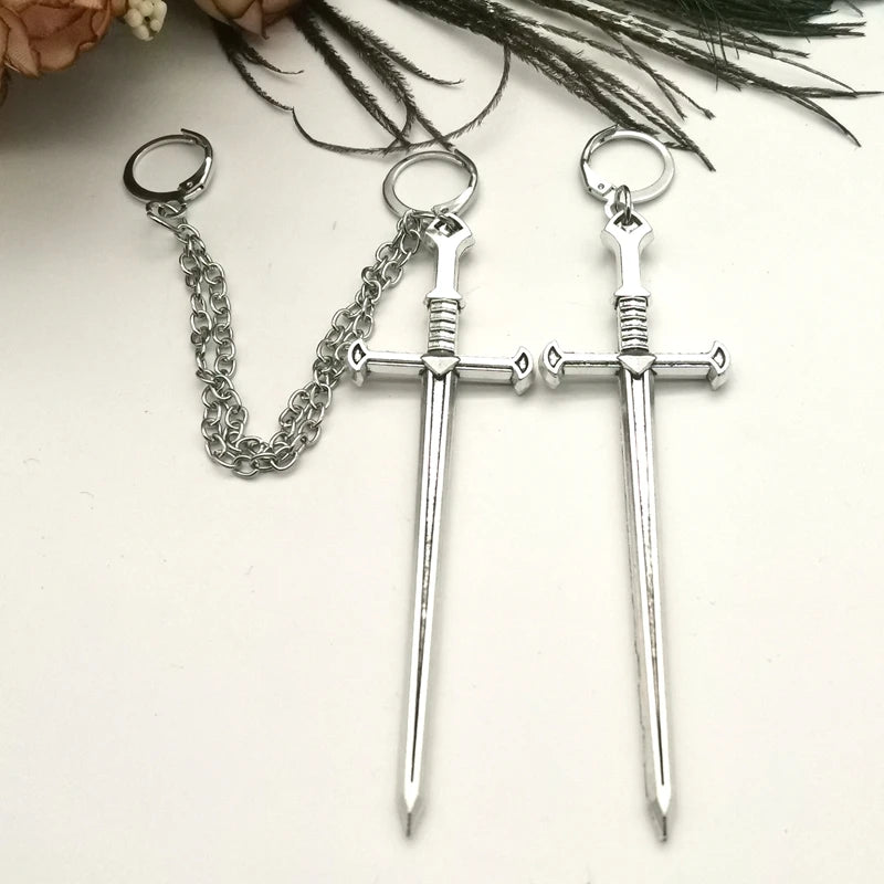 A Pair of Earrings Chain Sword Earrings - Cuff Earrings - Gothic Earrings - Handmade Unique Earrings