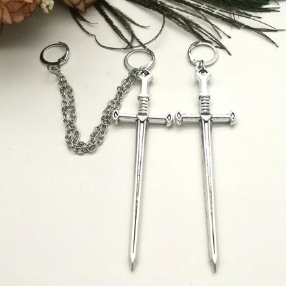 A Pair of Earrings Chain Sword Earrings - Cuff Earrings - Gothic Earrings - Handmade Unique Earrings