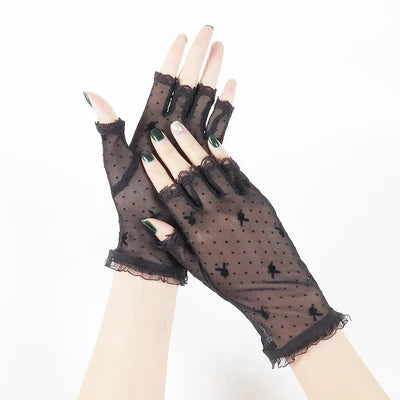 Summer Women Short Sunscreen Thin Ice Silk Driving Black Full Finger Sexy Lace Gloves UV Elasticity Rabbit Lace Cycling Slip D82