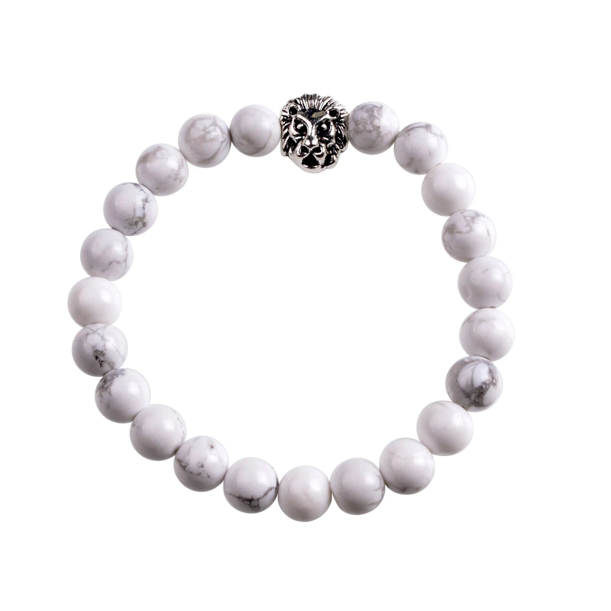 Silver Lion Head Gemstone Beads Stretch Bracelet for Women Men Handmade Crystal Beaded Elastic Healing Power Stone Jewelry