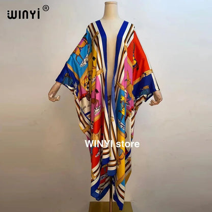 2021 WINYI new Cotton Bikini Sweet Lady Pink Boho Print Self Belted Front Open Long Kimono Dress Beach Tunic Women Wrap Dresses