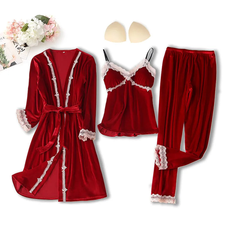 Chinese Style Female Velour Robe Gown Classic Burgundy Sleepwear Nighty Set Lace Patchwork Nightwear Bathrobe Sexy Negligee
