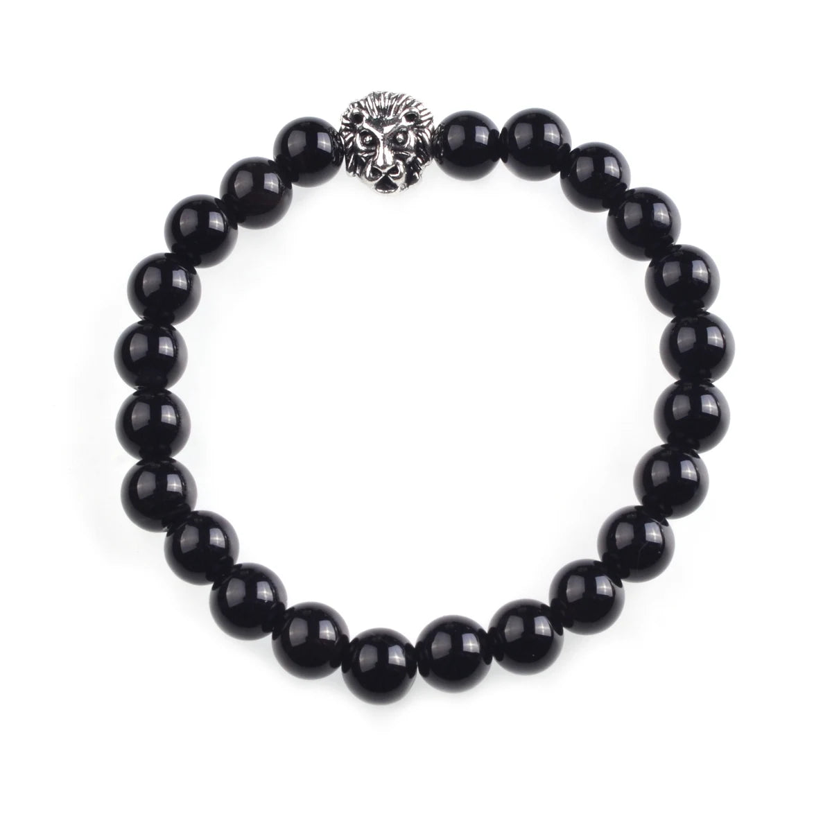 Silver Lion Head Gemstone Beads Stretch Bracelet for Women Men Handmade Crystal Beaded Elastic Healing Power Stone Jewelry