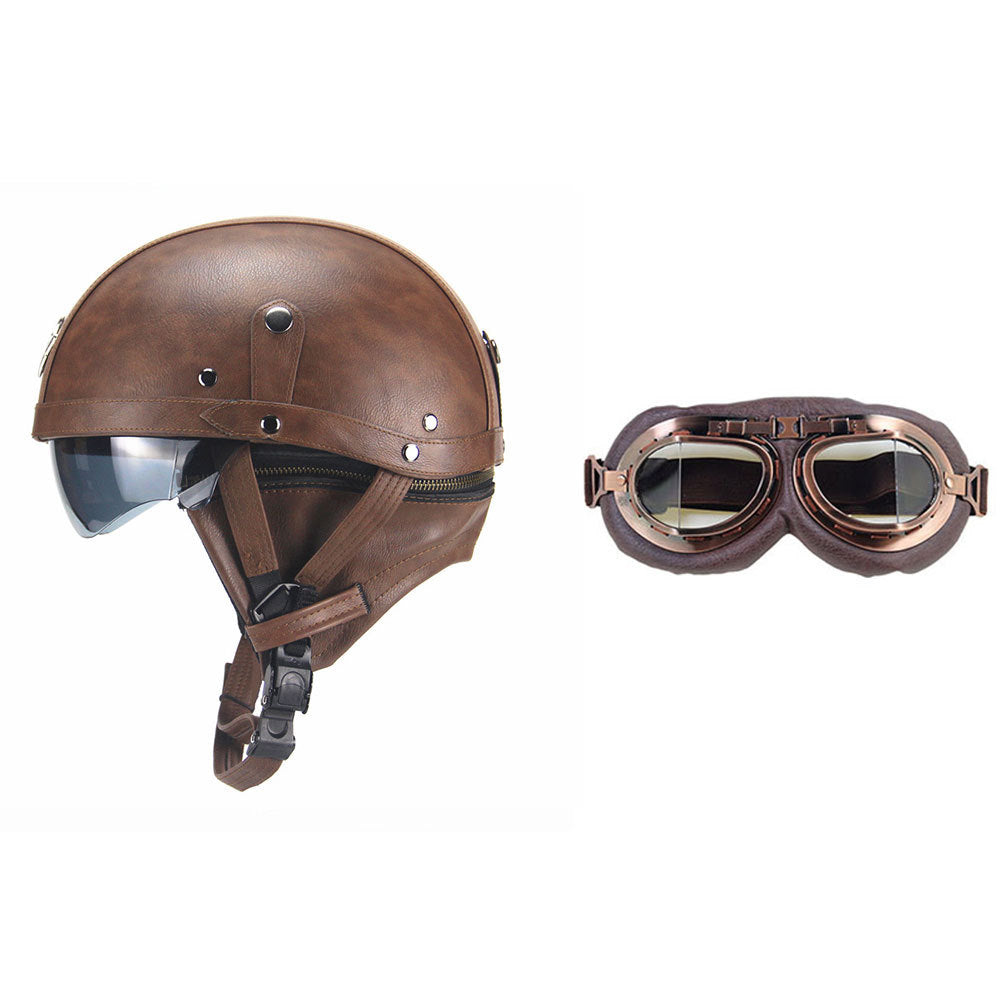 Cross-border Export Retro Personalized Helmet Lens with Label Motorcycle Half Helmet Scooter Cruise Leather Helmet Prince Helmet