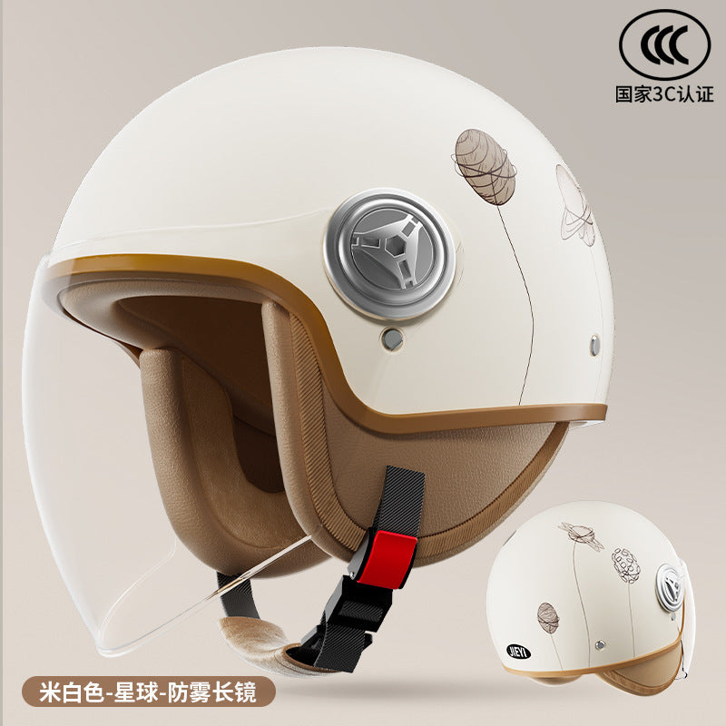 3C Certified Helmet for Women, Electric Vehicle, Men's Motorcycle, All-Season Half Helmet, Winter Warm and Anti-Fog Retro Helmet