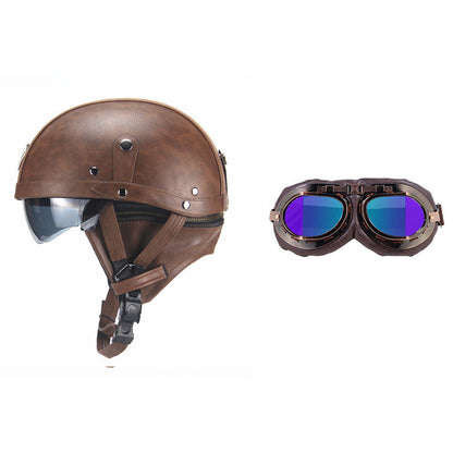 Cross-border Export Retro Personalized Helmet Lens with Label Motorcycle Half Helmet Scooter Cruise Leather Helmet Prince Helmet