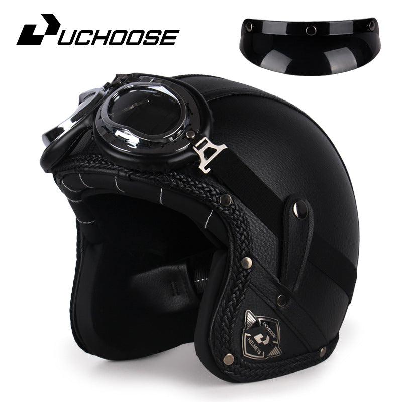Four Seasons Retro Harley Helmet Leather Electric Vehicle 3/4 Half Helmet Big Turtle King Scooter Motorcycle Helmet