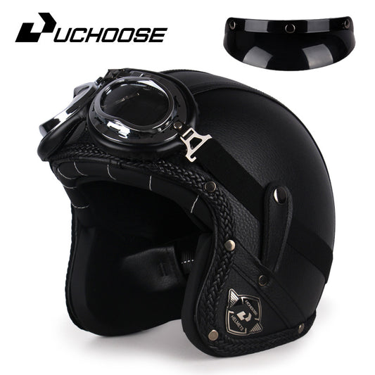 Four Seasons Retro Harley Helmet Leather Electric Vehicle 3/4 Half Helmet Big Turtle King Scooter Motorcycle Helmet