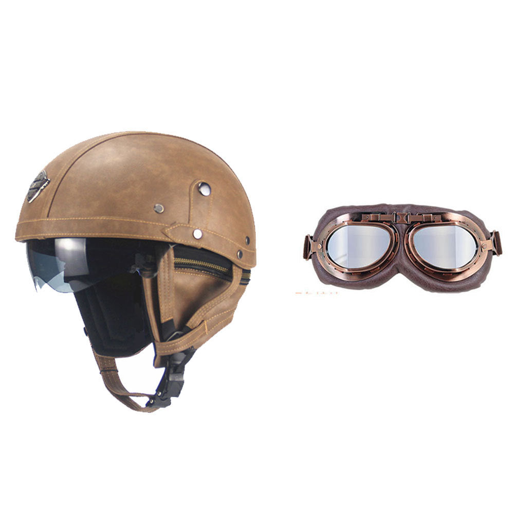 Cross-border Export Retro Personalized Helmet Lens with Label Motorcycle Half Helmet Scooter Cruise Leather Helmet Prince Helmet