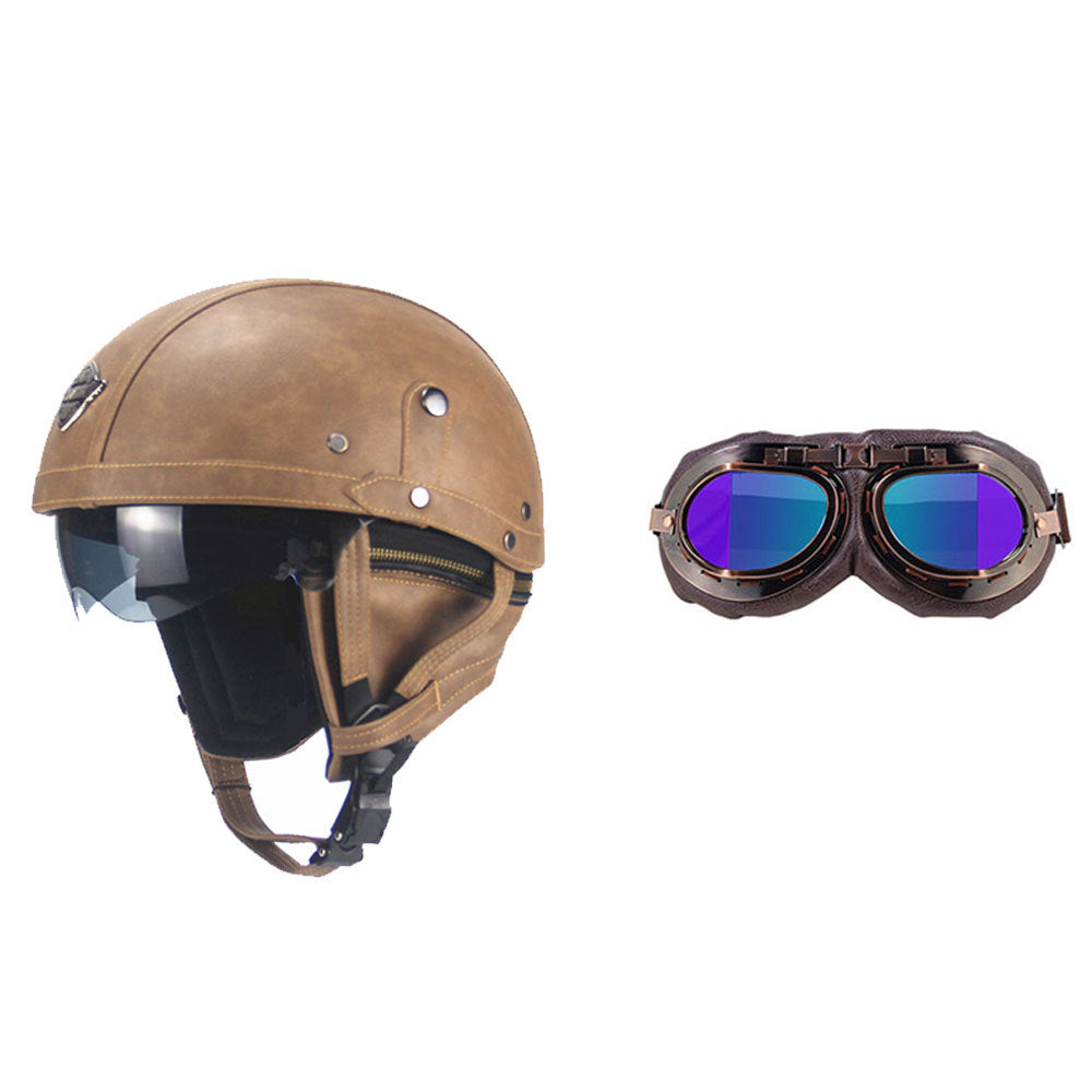 Cross-border Export Retro Personalized Helmet Lens with Label Motorcycle Half Helmet Scooter Cruise Leather Helmet Prince Helmet