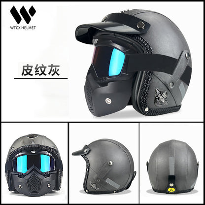 3C Certified Half Helmet Motorcycle Helmet Three-Quarter Style Men's Cruising American Retro Leather Sunshade Riding Protection