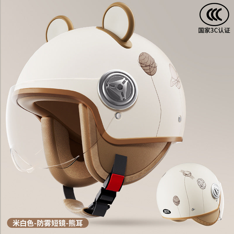 3C Certified Helmet for Women, Electric Vehicle, Men's Motorcycle, All-Season Half Helmet, Winter Warm and Anti-Fog Retro Helmet