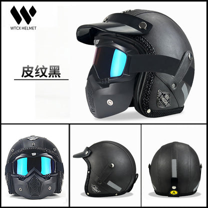 3C Certified Half Helmet Motorcycle Helmet Three-Quarter Style Men's Cruising American Retro Leather Sunshade Riding Protection