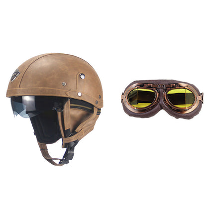 Cross-border Export Retro Personalized Helmet Lens with Label Motorcycle Half Helmet Scooter Cruise Leather Helmet Prince Helmet