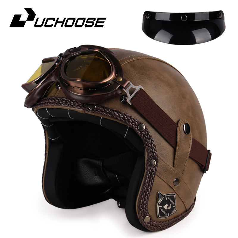 Four Seasons Retro Harley Helmet Leather Electric Vehicle 3/4 Half Helmet Big Turtle King Scooter Motorcycle Helmet