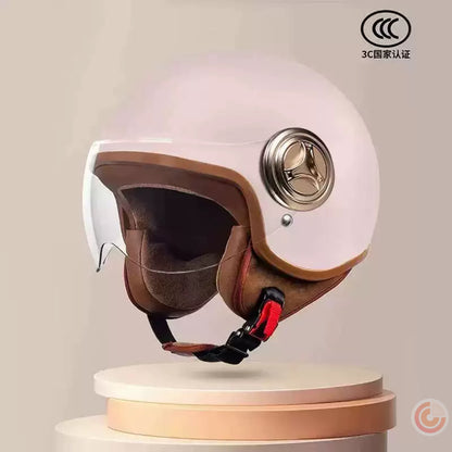 3C Certified Helmet for Women, Electric Vehicle, Men's Motorcycle, All-Season Half Helmet, Winter Warm and Anti-Fog Retro Helmet