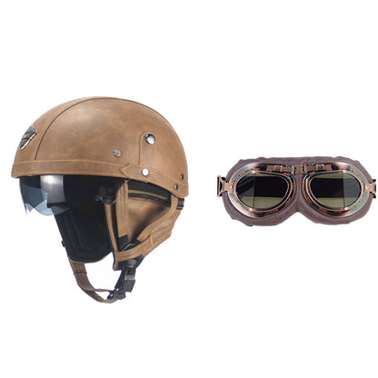 Cross-border Export Retro Personalized Helmet Lens with Label Motorcycle Half Helmet Scooter Cruise Leather Helmet Prince Helmet