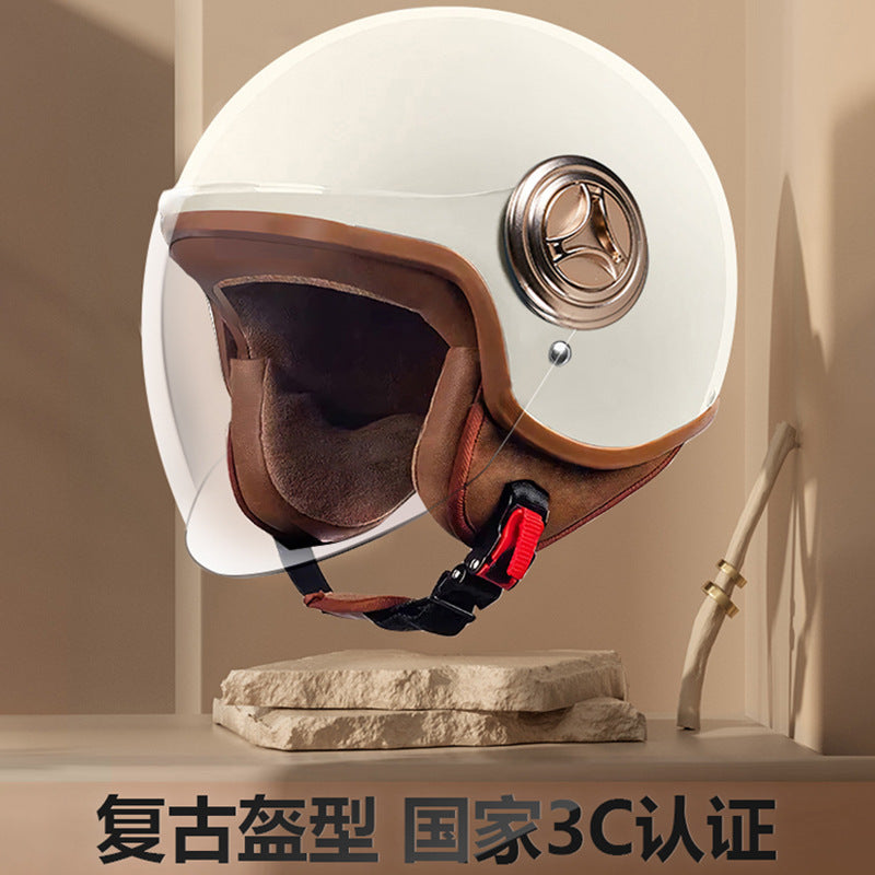 3C Certified Helmet for Women, Electric Vehicle, Men's Motorcycle, All-Season Half Helmet, Winter Warm and Anti-Fog Retro Helmet