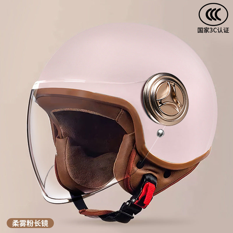 3C Certified Helmet for Women, Electric Vehicle, Men's Motorcycle, All-Season Half Helmet, Winter Warm and Anti-Fog Retro Helmet