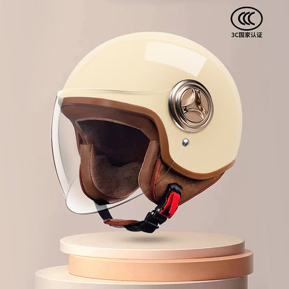 3C Certified Helmet for Women, Electric Vehicle, Men's Motorcycle, All-Season Half Helmet, Winter Warm and Anti-Fog Retro Helmet