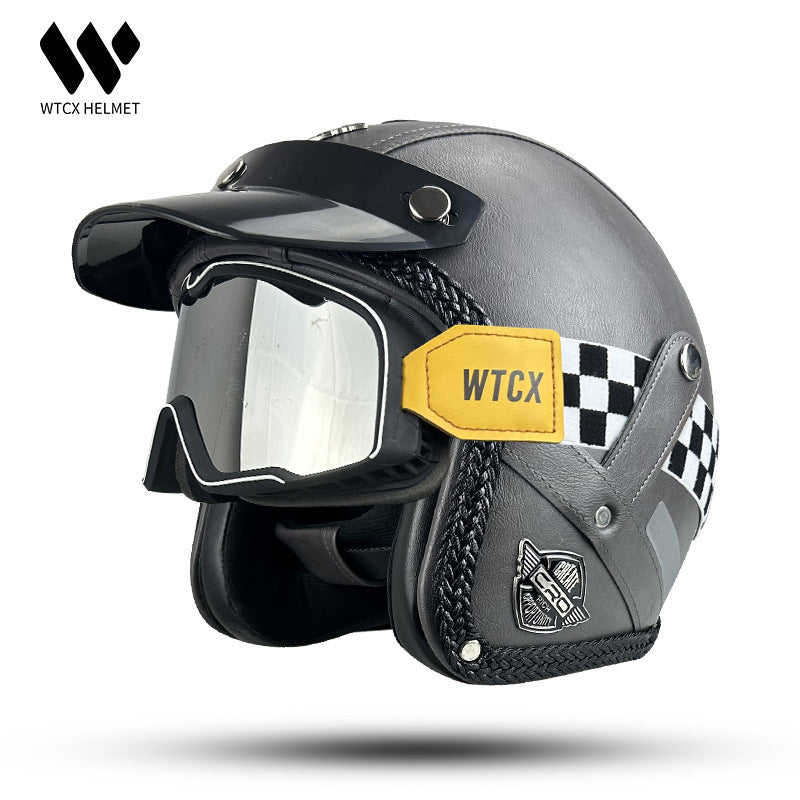 3C Certified Half Helmet Motorcycle Helmet Three-Quarter Style Men's Cruising American Retro Leather Sunshade Riding Protection
