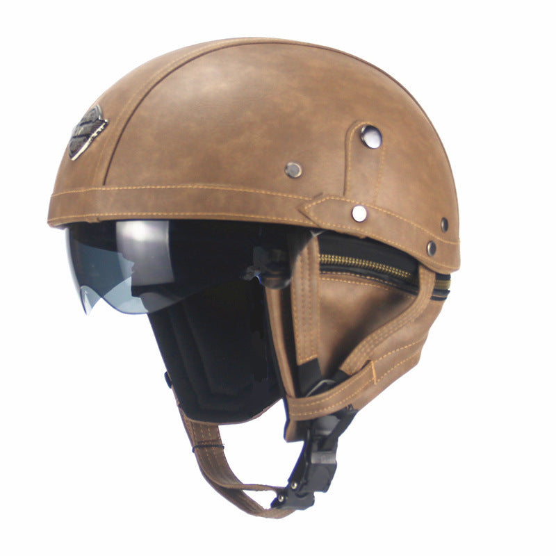 Cross-border Export Retro Personalized Helmet Lens with Label Motorcycle Half Helmet Scooter Cruise Leather Helmet Prince Helmet