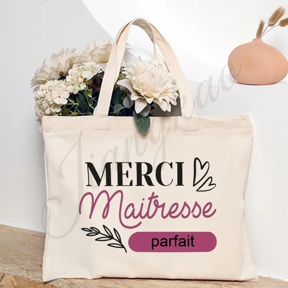 Thank You Teacher French Print Women Shoulder Bag CanvasShopping Bags Female Handbags Reusable Tote Bag Best Gifts for Maitresse