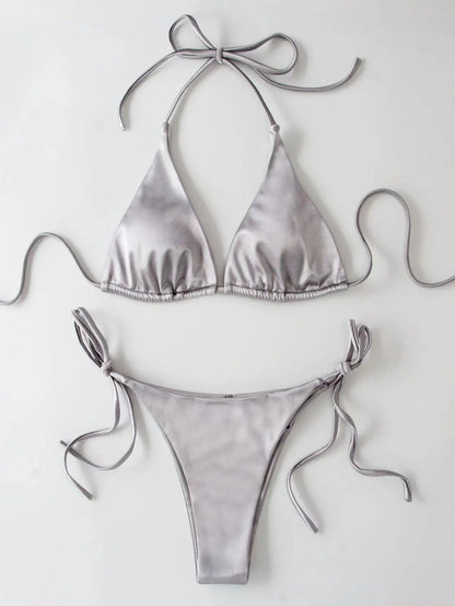 Sexy Women's Metallic Halter Top Two Piece Swimsuit Tie Side Triangle Bikini Summer Solid Bathing Suit Beachwear Bikini Set