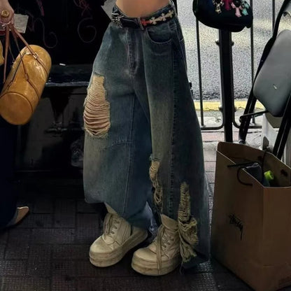 American high street ripped old jeans women ins autumn retro Harajuku loose straight wide-leg floor pants women jeans