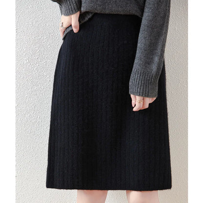 Women's Knitted Skirt 100% Merino Wool Sheath Skirt Solid Color Autumn/Winter Fashion Vertical Strip Wrap Hip Skirt Split Skirt