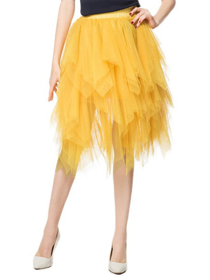 Women's Irregular Tulle Skirts Casual High Waist Solid Color Mesh Skirts Layered Skirts