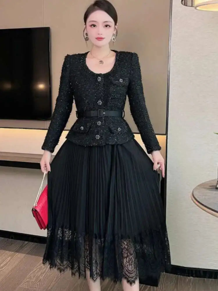 UCXQ Vintage Beading Buttons O-neck Black Dress With Belt Summer 2023 Women Evening Dresses Ladies Wedding Party Clothes Tide