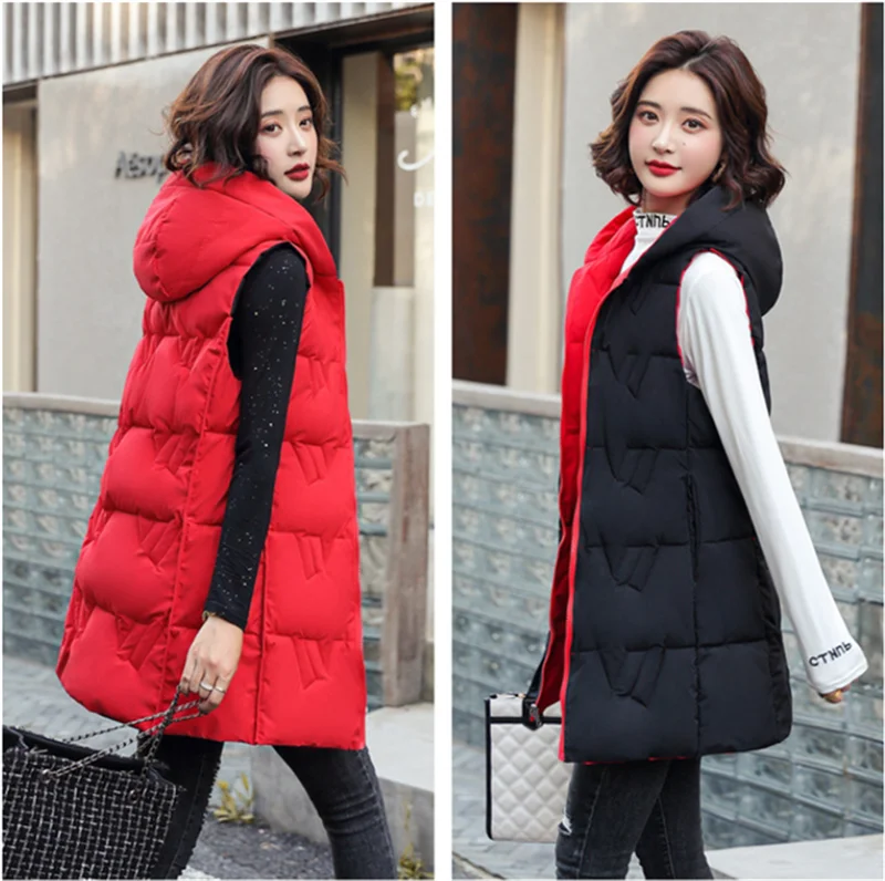 Double Side Vest Korean Slim Hooded Down Cotton Vest Women Waistcoat Sleeveless Jacket 2025 Autumn Winter Jacket Female Coat