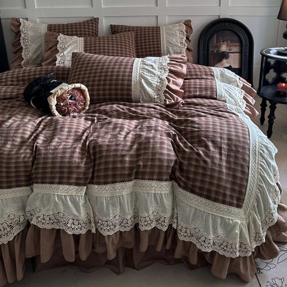 Princ Sle Pure Cotton Pink Bedding Set with Lace s Waed Cotton Duvet Cover eet And Bed Skirt Four Piece Set