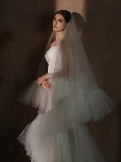 Two Layer Wedding Veil Ruffled Edge Tulle Bridal Veil With Comb Fluffy Bride Veils Cover Face Veil Customized